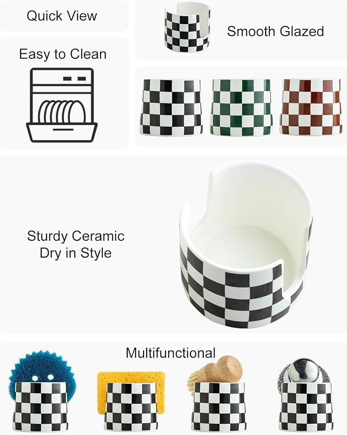 Checkered Kitchen Sink Sponge Holder, Dish Sponge Rack Ceramic Brush Holder - Image 3