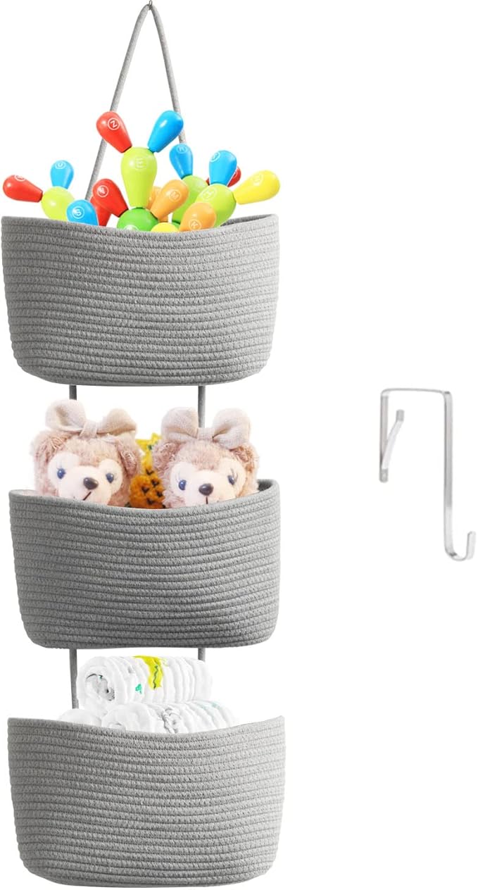 TeoKJ Over the Door Organizer, 3-Tier Woven Cotton Hanging Kitchen Baskets by TeoKJ