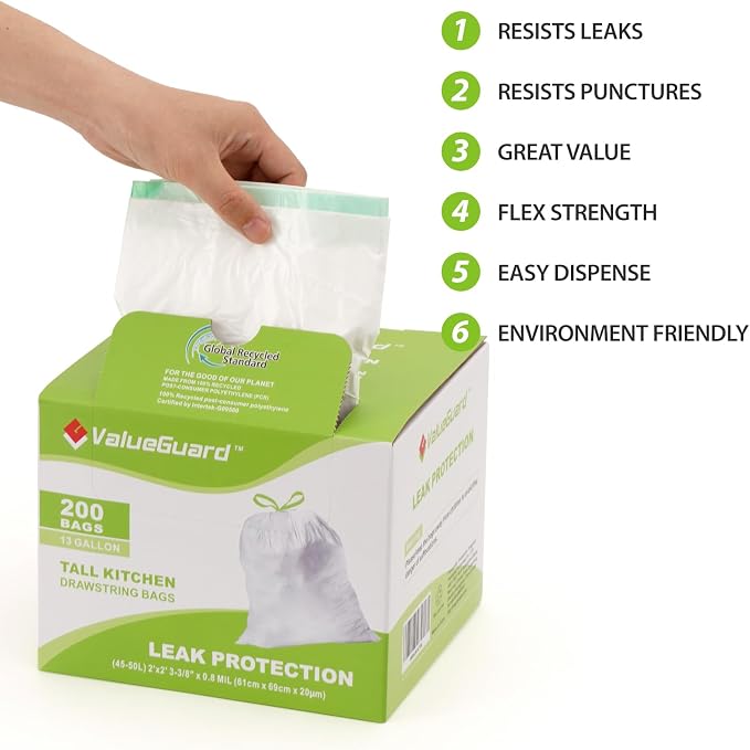Large Trash Bag 13 Gallon Tall Drawstring 100% Post-Consumer Recycled Garbage - Image 5