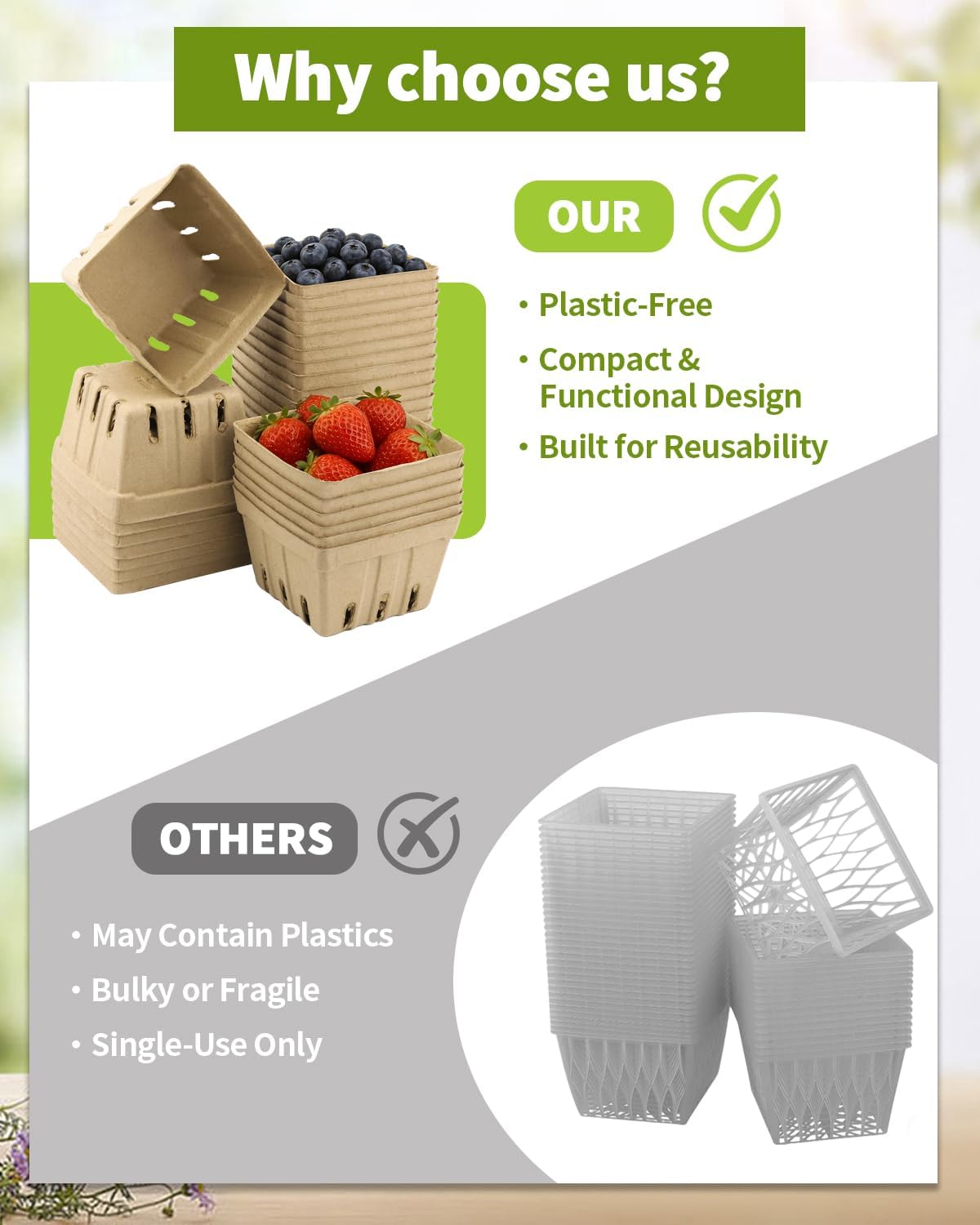 30 Pack Natural Pulp Fiber Berry Basket (4.3x4.3x2.75 Inch), Natural Pulp Produce Baskets & Berry Containers, Vented Strawberry Baskets for Farmers Market Decor, Grocery Store and Kitchen Display