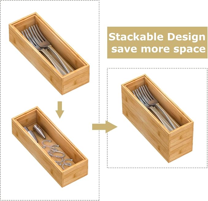 Bamboo Kitchen Drawer Organizer, Stackable Silverware Tray Utensil Organizer - Image 3