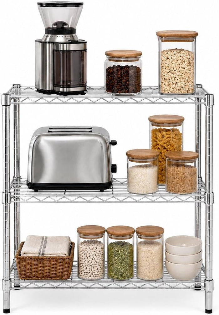 Honey-Can-Do 3-Tier Heavy-Duty Adjustable Shelf Storage Unit With 200-lb Capacity, Chrome SHF-09367 Steel Shelving, Heavy Duty Shelves, Shelving Unit,