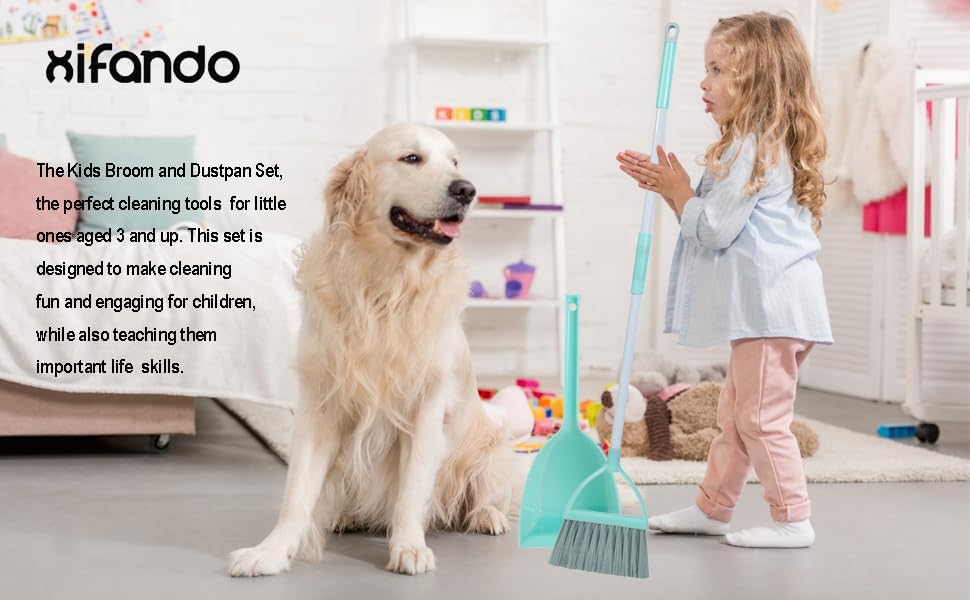Mini Broom with Dustpan for Kids,Little Housekeeping Helper Set (Light Blue)
