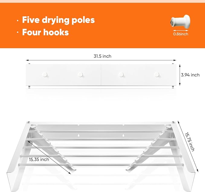 Clothes Drying Rack 31.5 inches Foldable Wall Mount Laundry Rack Folding Indoor - Image 5