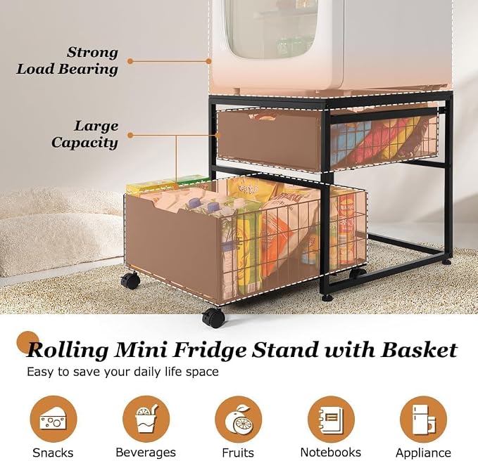 Mini Fridge Stand with Storage Drawer, 21.7”x21.7” Heavy Duty Mini Fridge Table - Image 5