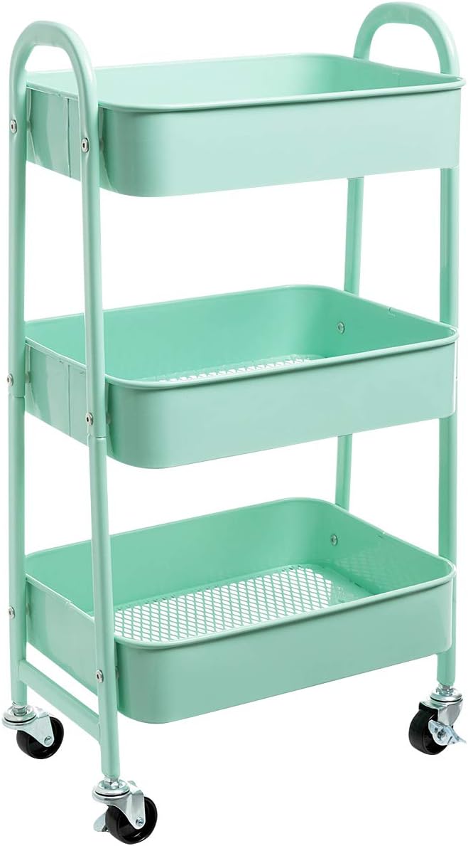 AGTEK Makeup Cart, Movable Rolling Organizer Cart, Macaron Blue 3 Tier Metal by AGTEK