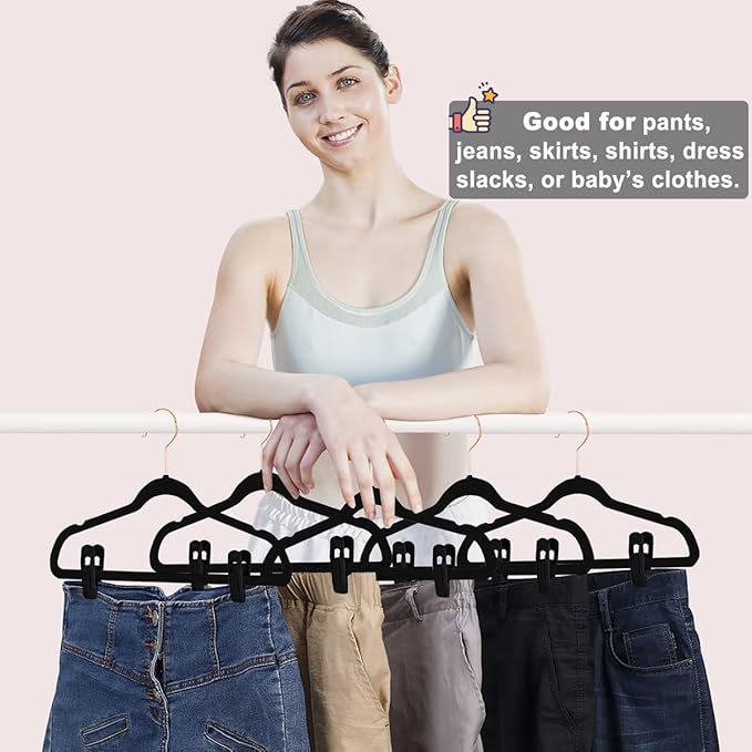 Black Velvet Hangers Clips 40 PCS, Pants Hangers Velvet Clips Easily Add to - Image 3