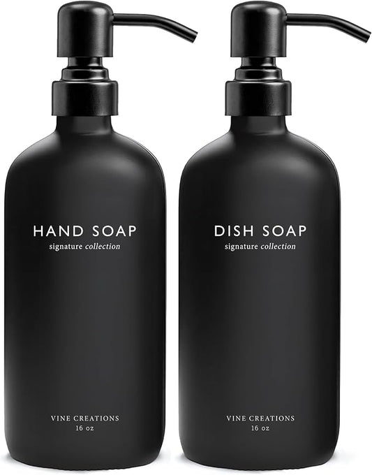 Vine Creations Black Glass Soap Dispenser Set, Dish Soap and Hand Soap by VineCreations