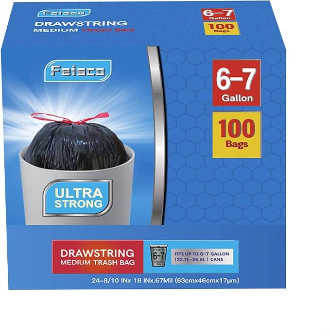 Feisco 6-7 Gallon Black Trash Bag, Medium Drawstring Garbage Bag Trash Can Liner - Image 2