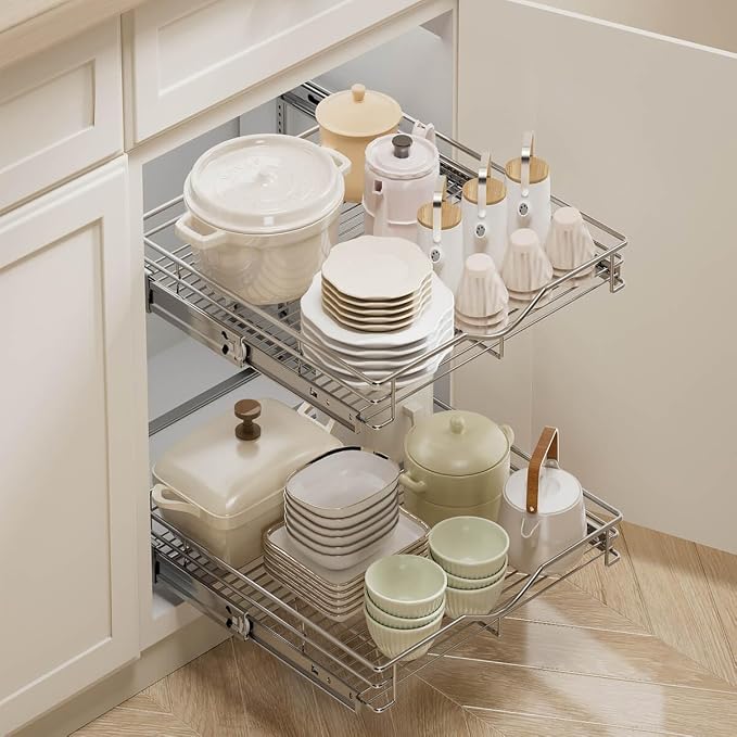 DINDON 2 Tier Pull Out Cabinet Organizer, Double Tier Wire Basket Slide Out - Image 2