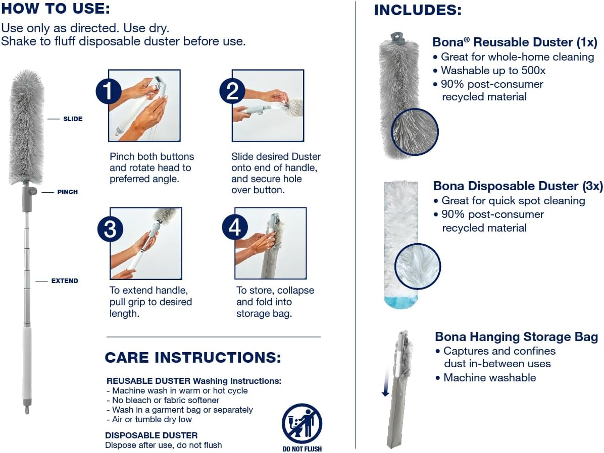 Bona High Performance Dusting System - 1 Extendable Handle, 3 Disposable Dusters, 1 Reusable Duster, & 1 Storage Bag - Extendable Dusting Kit
