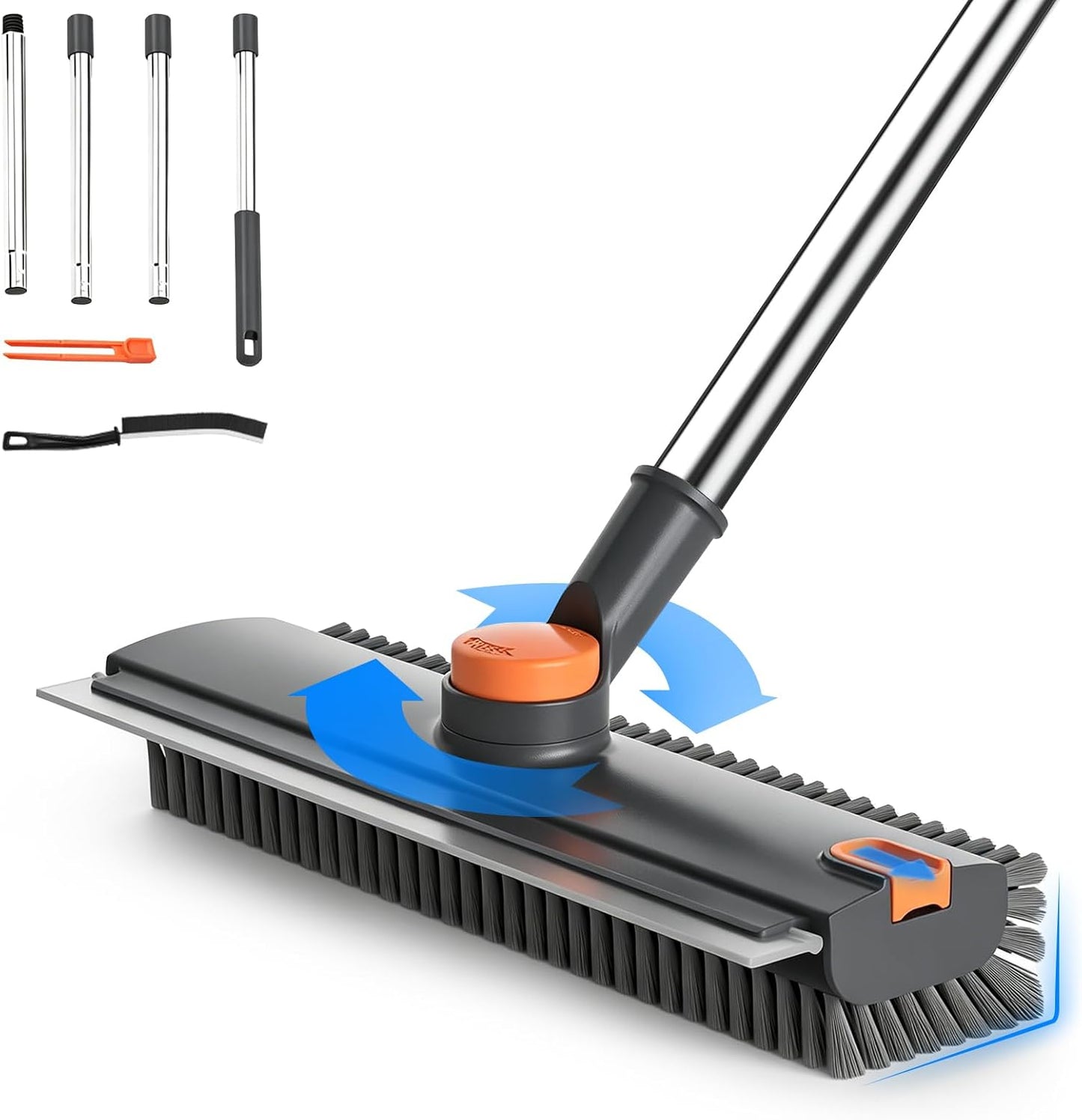 Floor Scrub Brush with Long Handle, 4 in 1 Shower Scrubber with Floor Squeegee and Heavy-Duty Stiff Bristle Push Broom for Cleaning Shower Bathroom Patio Pool Kitchen Wall Deck Tile Garage