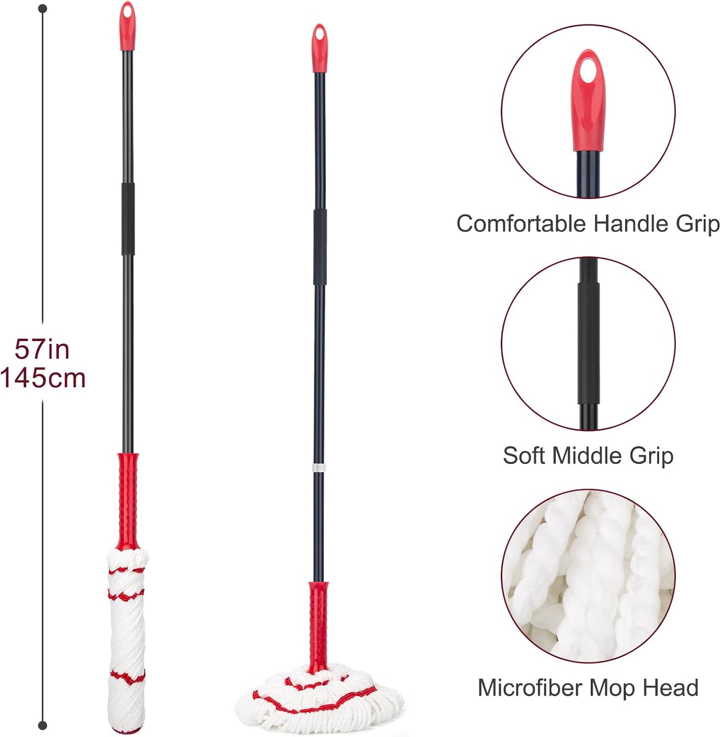 KeFanta Self Wringing Twist Mop, Easy Wringing Mop with 57 " Long Handle | 57 " Long Handle, Easy Wringing, Microfiber Floor mop for Kitchen Hardwood Bathroom Garages Warehouses Tile Home Office