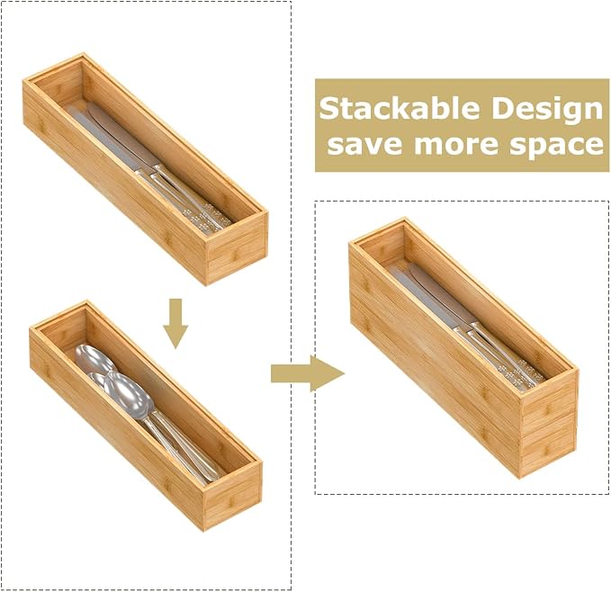 Bamboo Kitchen Drawer Organizer, Stackable Silverware Tray Utensil Organizer - Image 3