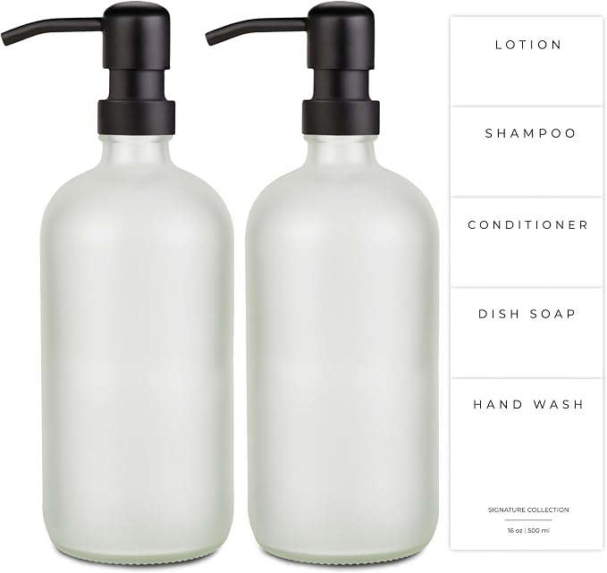 Emerson Essentials Glass Soap Bottle Dispensers, 2 Pack, Stainless-Steel Pumps by Emerson+Essentials