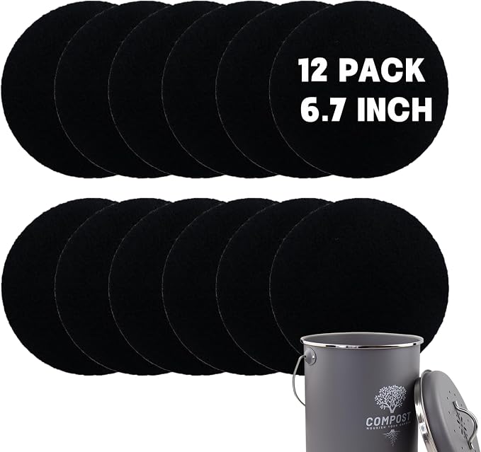 12 Pack - 6.7 Inch Round Compost Bin Charcoal Filters, Extra Thick Activated by Holismo