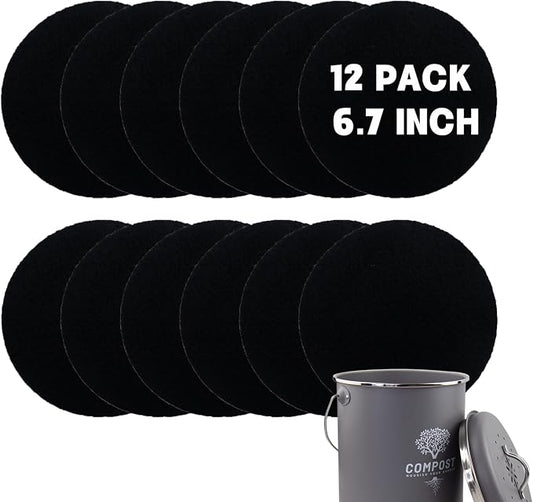 12 Pack - 6.7 Inch Round Compost Bin Charcoal Filters, Extra Thick Activated by Holismo