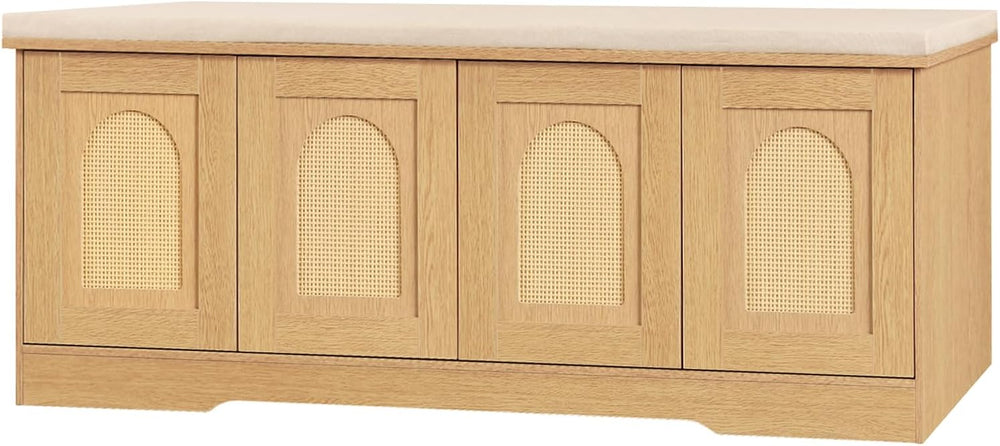 DINZI LVJ Shoe Storage Bench with Cushion, Door, Natural Oak 47.2" LX17.7 H