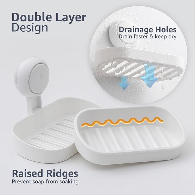 LEVERLOC Soap Dish Holder for Shower Suction Cup Wall Mounted Self Draining - Image 3