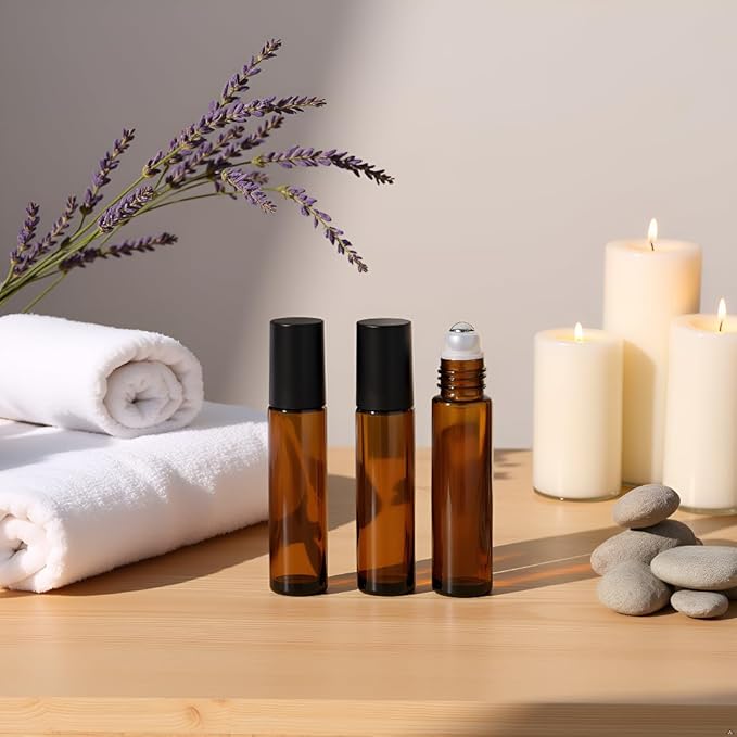 4 Pack 10ml Oil Essential Stainless Roller Bottles, Refillable Amber Glass - Image 2
