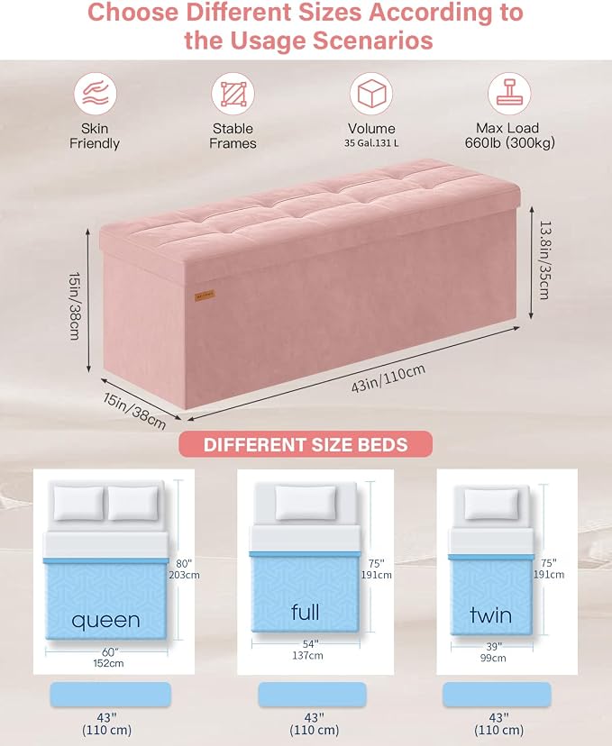 Folding Storage Ottoman, Velvet Storage Bench, Removable Divider, - Image 3