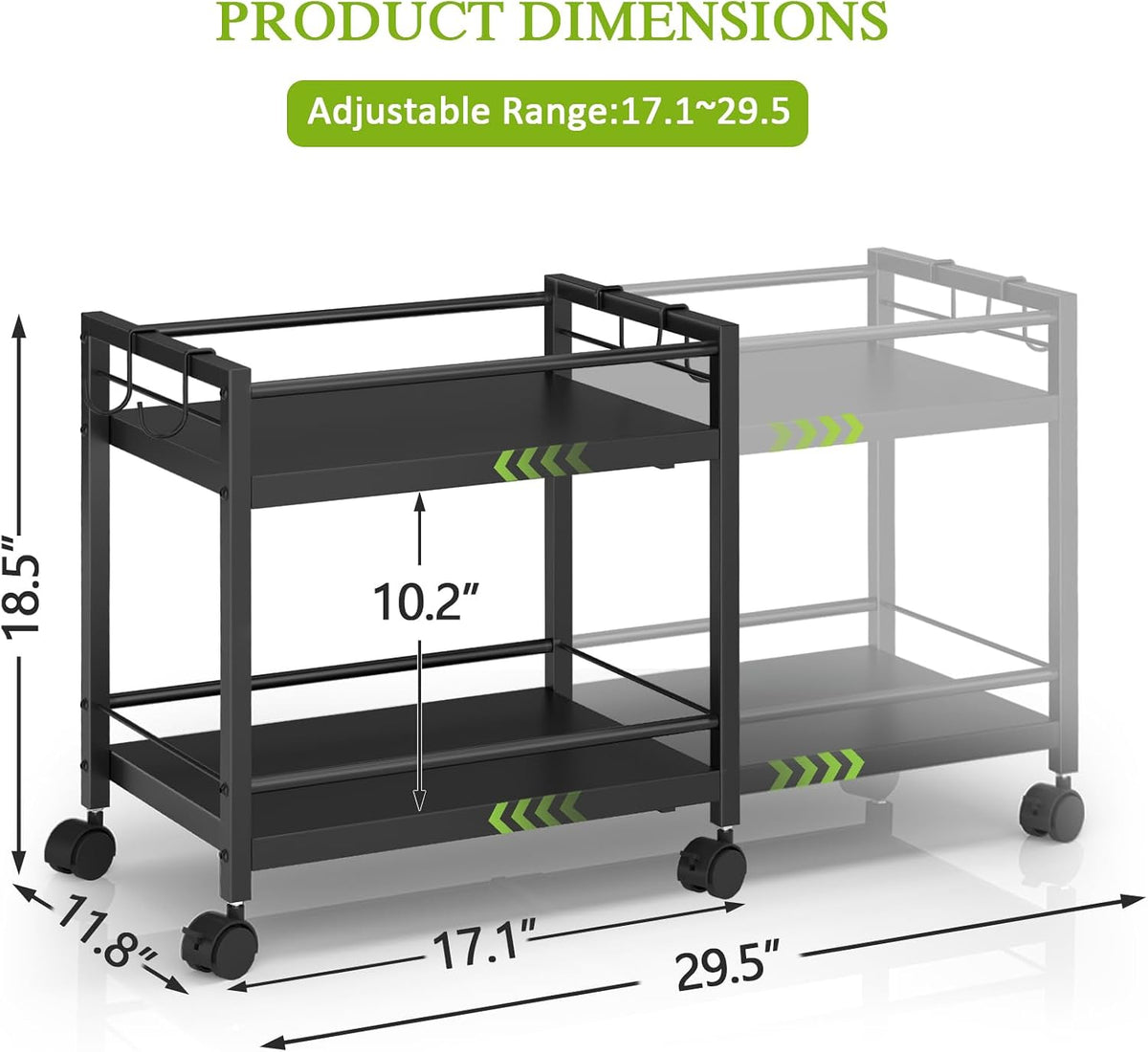 2-tier expandable pantry floor organizer cart, rolling pantry shown in use