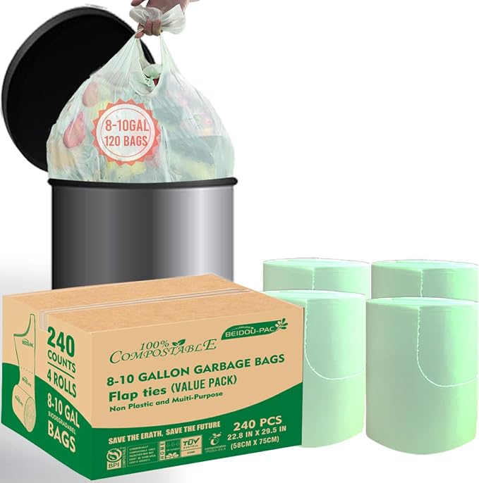8-10 Gallon Flap Tie Compostable Trash Bags, Compost Bags Kitchen Trash Bags by BEIDOU-PAC