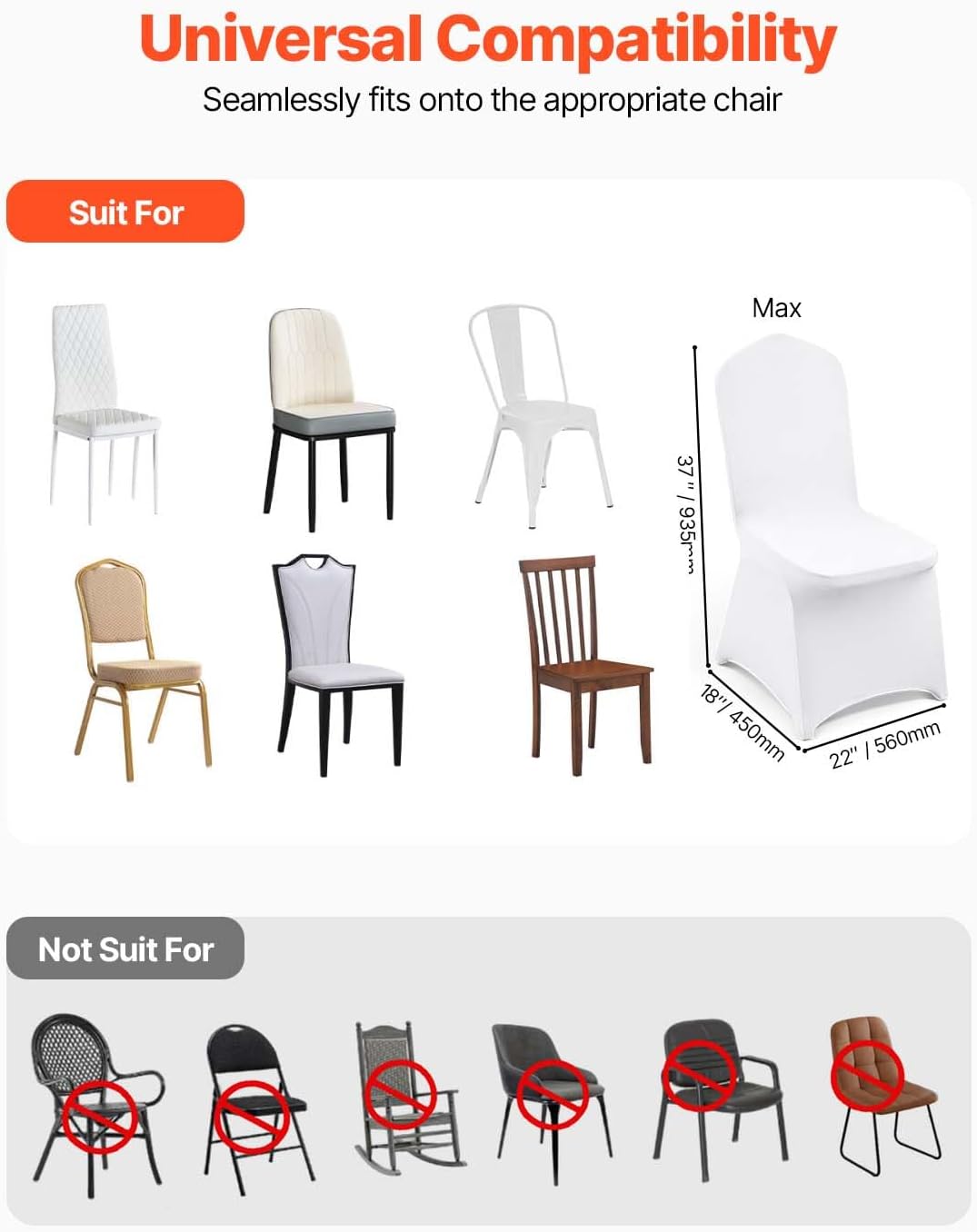 VEVOR 100 Pcs White Chair Covers Polyester Spandex Chair Cover Stretch Slipcovers for Wedding Party Dining Banquet Flat-Front Chair Covers