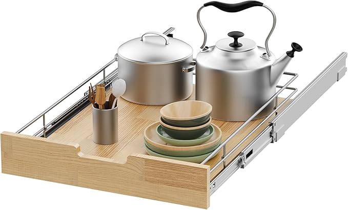 Pull Out Cabinet Organizer, Heavy-Duty Slide Out Shelf, Wood And Wire Basket by SikarouStorageSpecialist