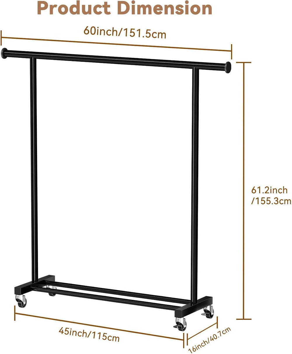 Standard Clothes Rack, Rolling 60“L Clothing Garment Rack with Wheels for Han...