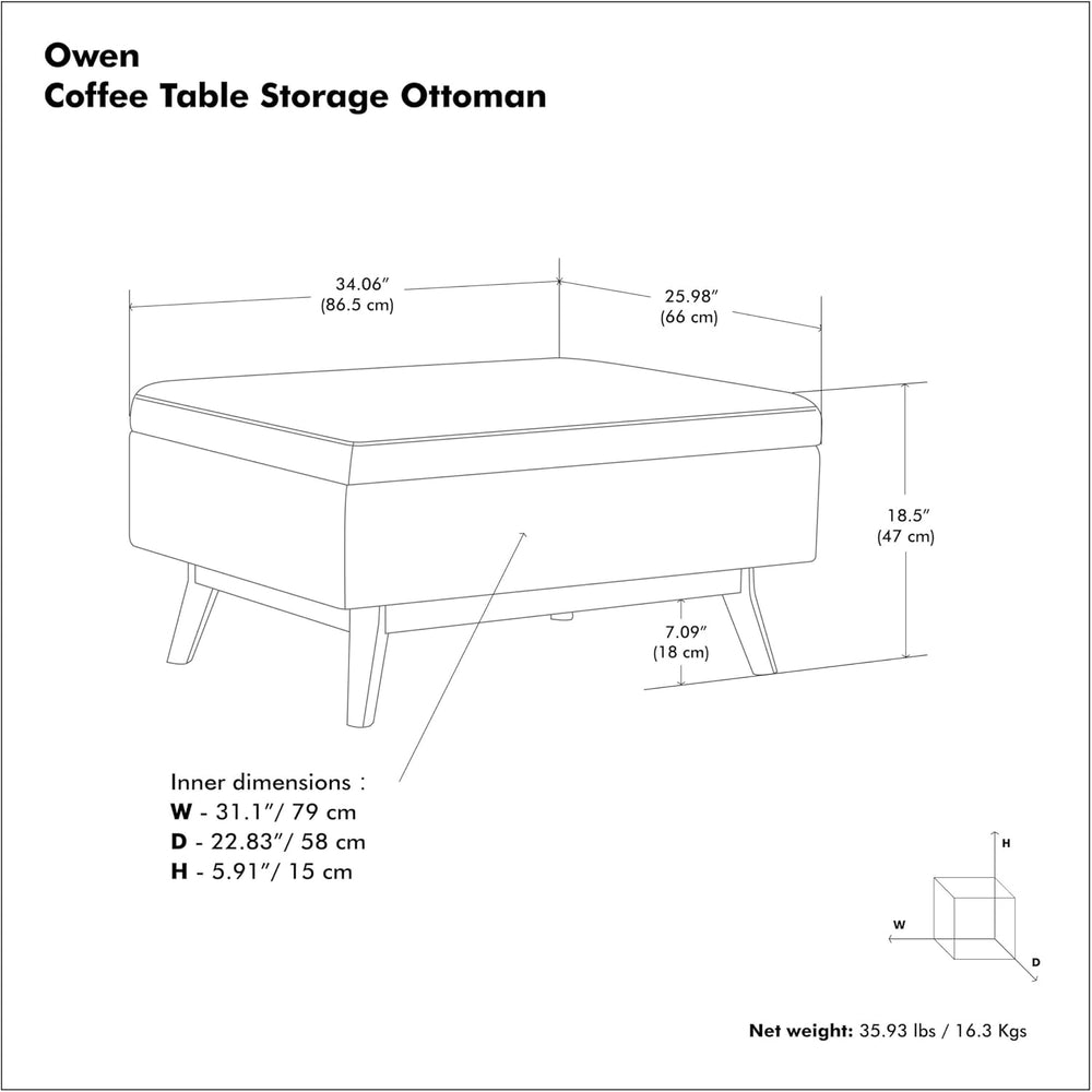 SIMPLIHOME Owen 34" Wide Linen Look Fabric Lift Top Ottoman in Natural