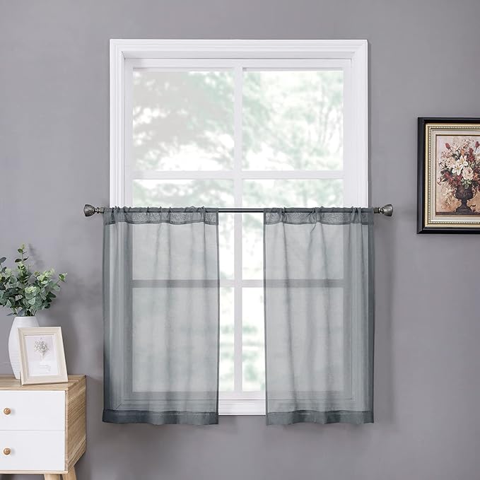 Tollpiz Sheer Tier Curtain Linen Textured Half Kitchen Curtains Sheer Light by Tollpiz