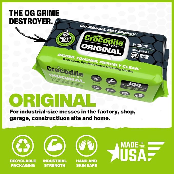 Crocodile Cloth Original Cleaning Wipes, Water-Based, Safe on Skin, Cuts Grease - Image 2