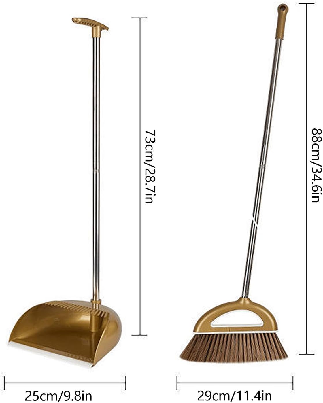 Broom and Dustpan Set with Long Handle, Dust Broom Andstanding Dustpan Combo, Lightweight Robust Kitchen Brooms Dustpans, Duster Tool Cleaning Gadgets, for Home, Kitchen, Offices, Pet Hair, Gold