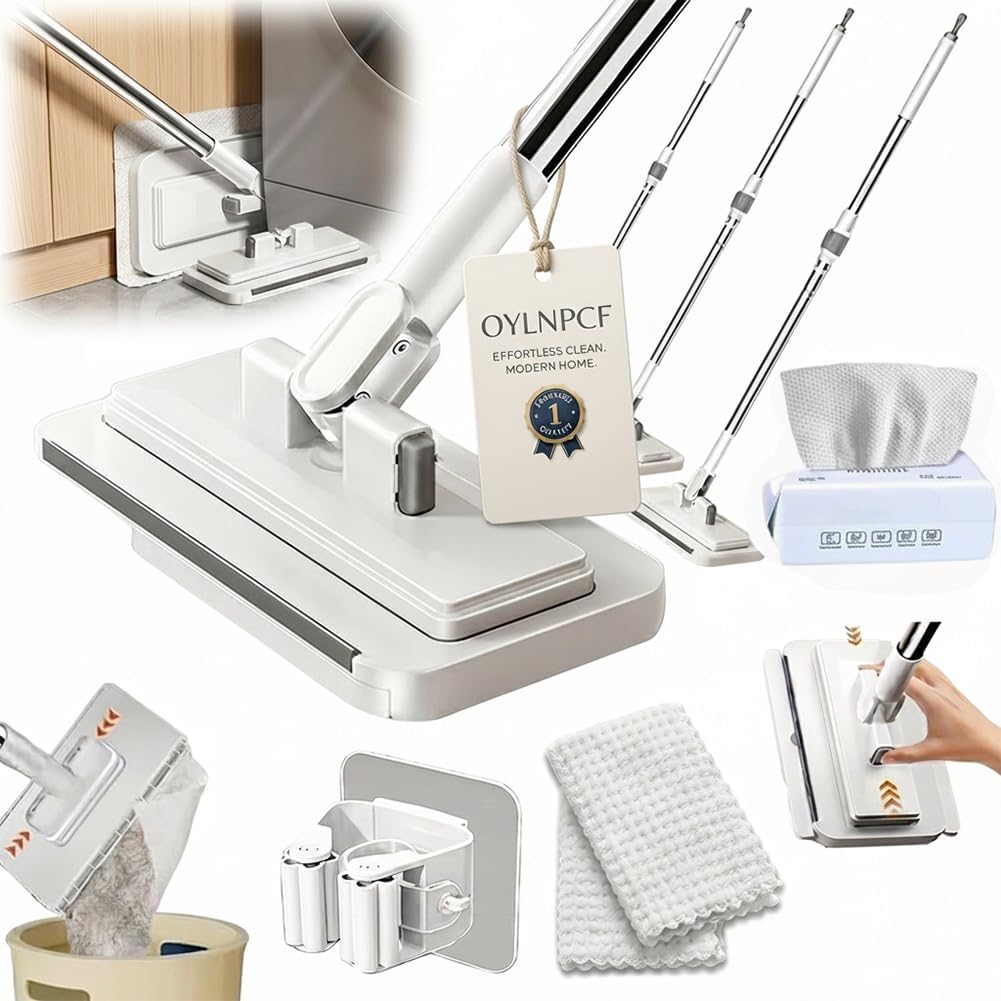 Hands Free Multi Purpose Flat Mop One Click Mini Snap Grip Easy Tap Disposable Multifunctional Lazy Clamp Dust Wall Bathroom Mop System Using Any Cloth Attachment Changing for Floor(53.1in Set)