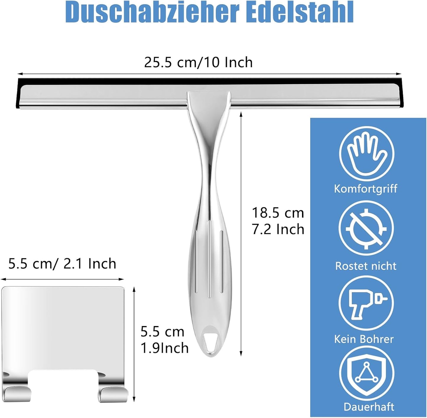 Wlich Silver Shower Squeegee, 10" Blade, 7.2" Handle, Stainless Steel, Easy to Use, Streak-Free Clean, 19201454011