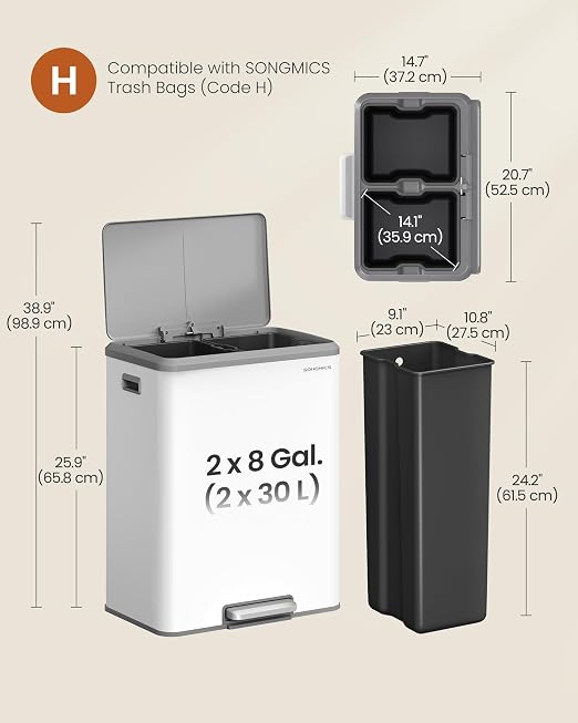 SONGMICS Trash Can, 2 x 8 Gallon Double Garabge Can - Image 6