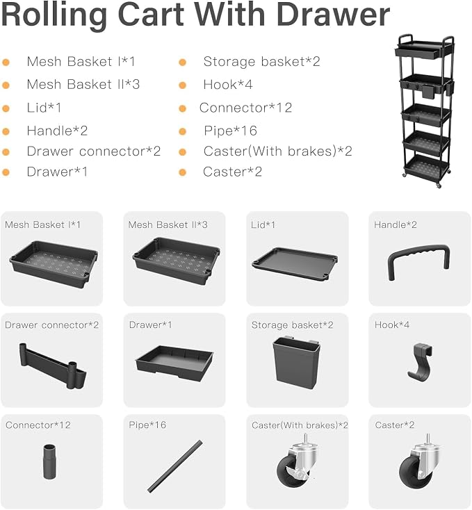 5 Tier Rolling Cart Organizer, Bathroom Cart Organizers - Image 7
