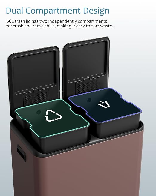 16 Gal Dual Trash Can, Stainless Steel Kitchen Garbage Bin, Recycle Dustbin - Image 6