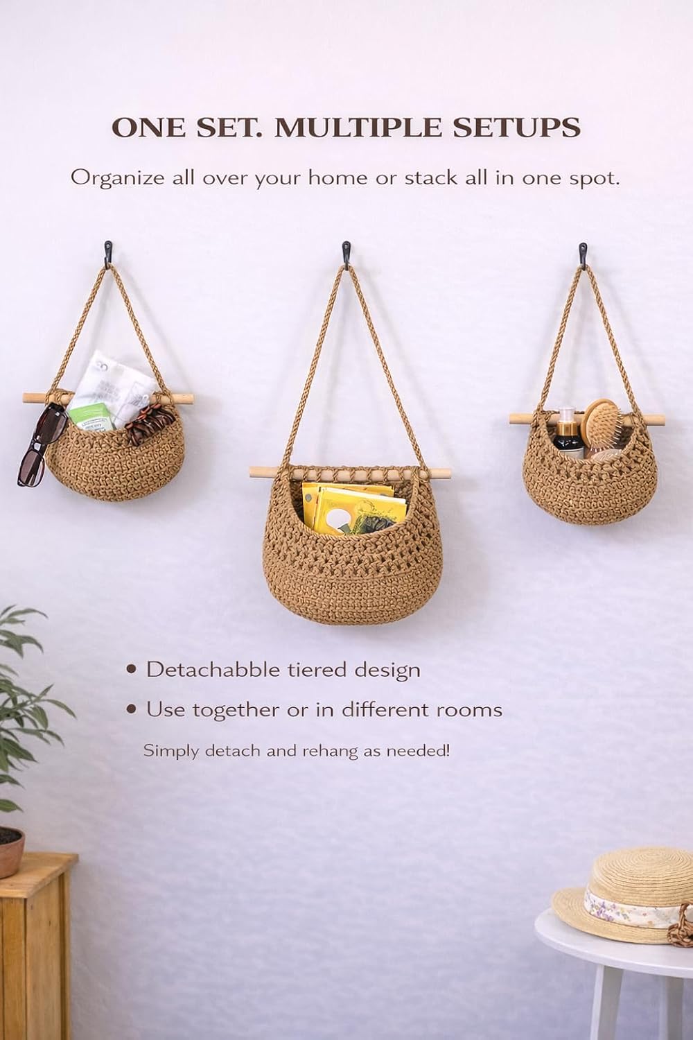 Hanging Wall Basket (3-Tier) Organizer – Cotton Rope Wall Storage for Bathroom, Kitchen & Nursery – Detachable Baskets + No-Drill Adhesive Hooks Included (Renter Friendly)