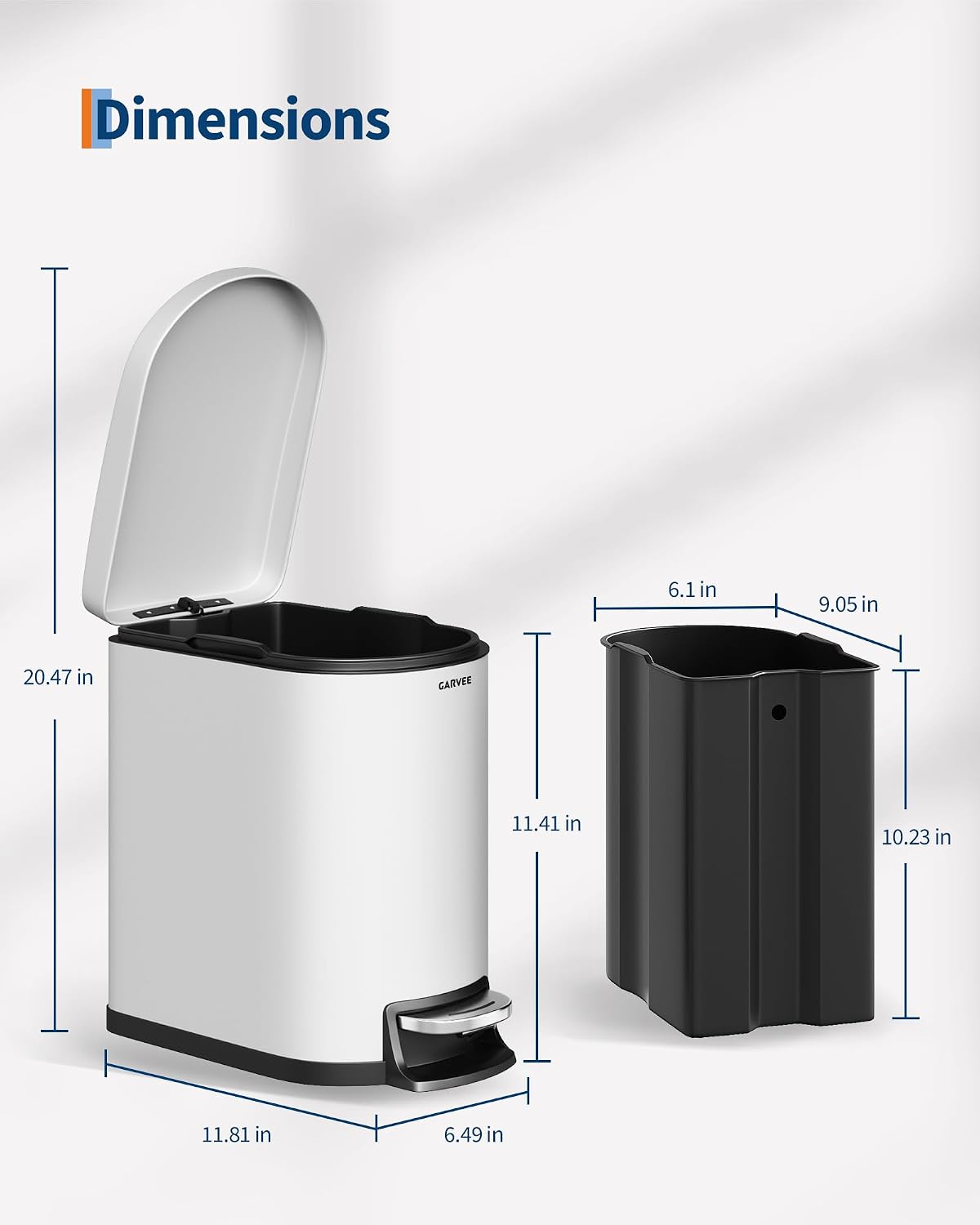 Garvee 1.6 gal / 6 L Metal Bathroom Trash Can with Lid, Slim Waterproof Garbage Can for Bedroom, Small Step-on Trash Bin with Inner Bucket, Rear Handle, Soft Close Lid, White