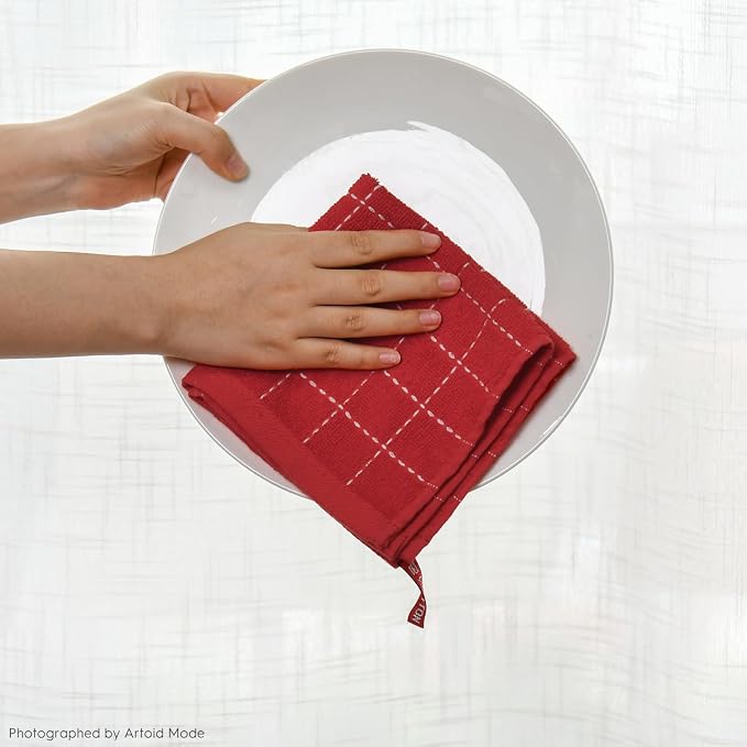 Artoid Mode Checkered Designed Cotton Red Terry Kitchen Dish Cloths, 12x12 Inch - Image 6
