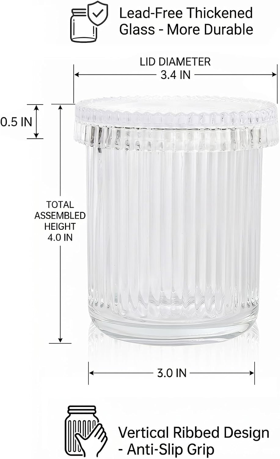 rejomiik 2 Pack Qtip Holder Glass Apothecary Jars with Lids, Ribbed Clear | Bathroom Canisters Vanity Organizer for Cotton Swabs, Balls, Pads, Floss Picks, Candy, Jewelry, Makeup Storage, Decor