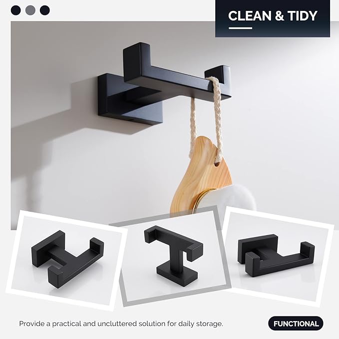 Angle Simple Double Towel Hook Matte Black, Stainless Steel Bathroom Towel - Image 8