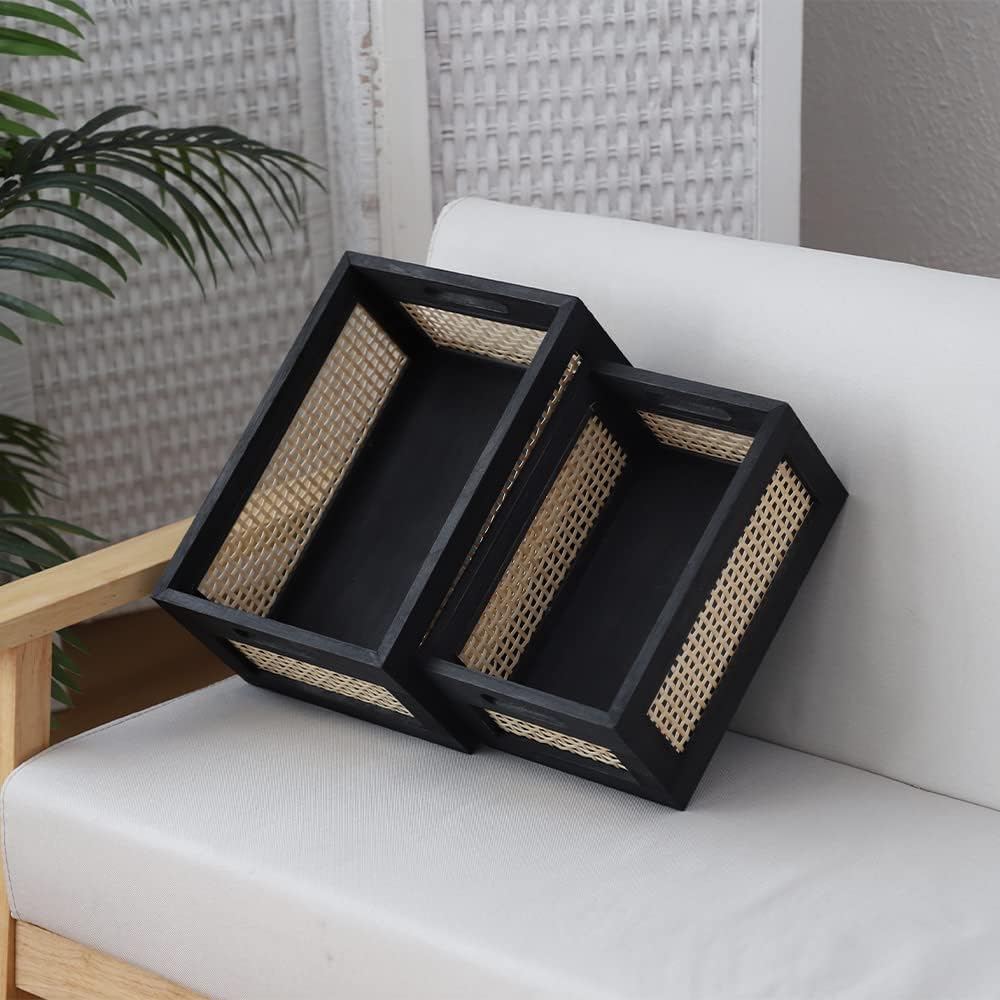 Wicker Wood Storage Baskets with Handle, Set of 2, Black