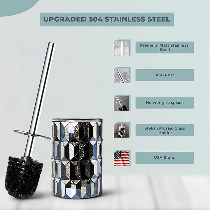 Escenzy Cute Toilet Brush and Holder Set Mosaic Glass | Non-Rustic Stainless - Image 2