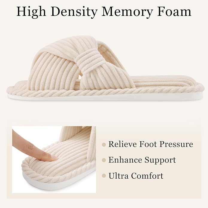 Evshine Summer House Slippers for Women Corduroy Cross Bow Indoor Slippers Open - Image 4