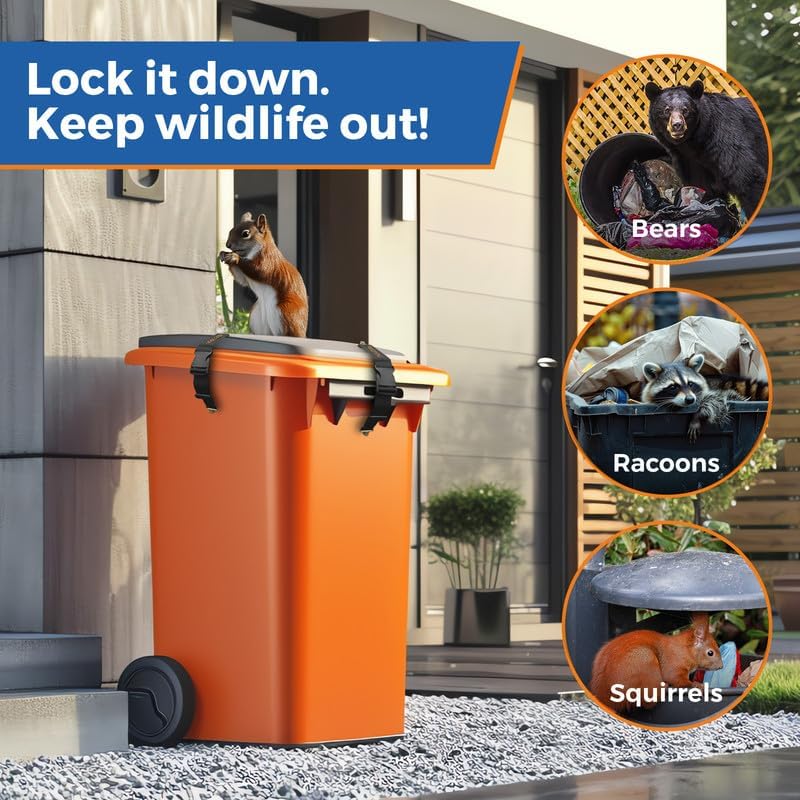 Trash Can Lock for Animals, 4PCS Adjustable Straps Garbage Can Locks for 28-100 Gallon Outdoor Bins, Bear Proof Trash Can Lock with Anti-Rust Metal Buckle, One-Hand Release Lid Locking Design