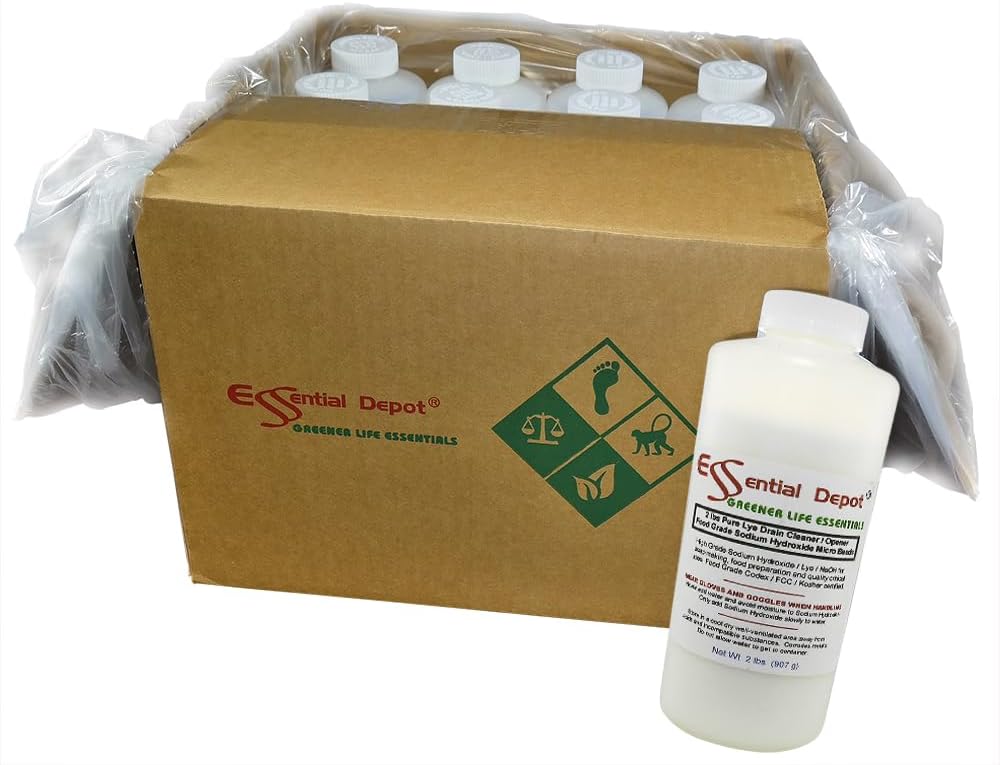 Essential Depot 32 lbs Food Grade Sodium Hydroxide Lye Evenly-Sized Micro Pels (Beads or Particles) - 16 x 2lb Bottles - Lye Drain Cleaner - HDPE Container with Resealable Child Resistant Cap