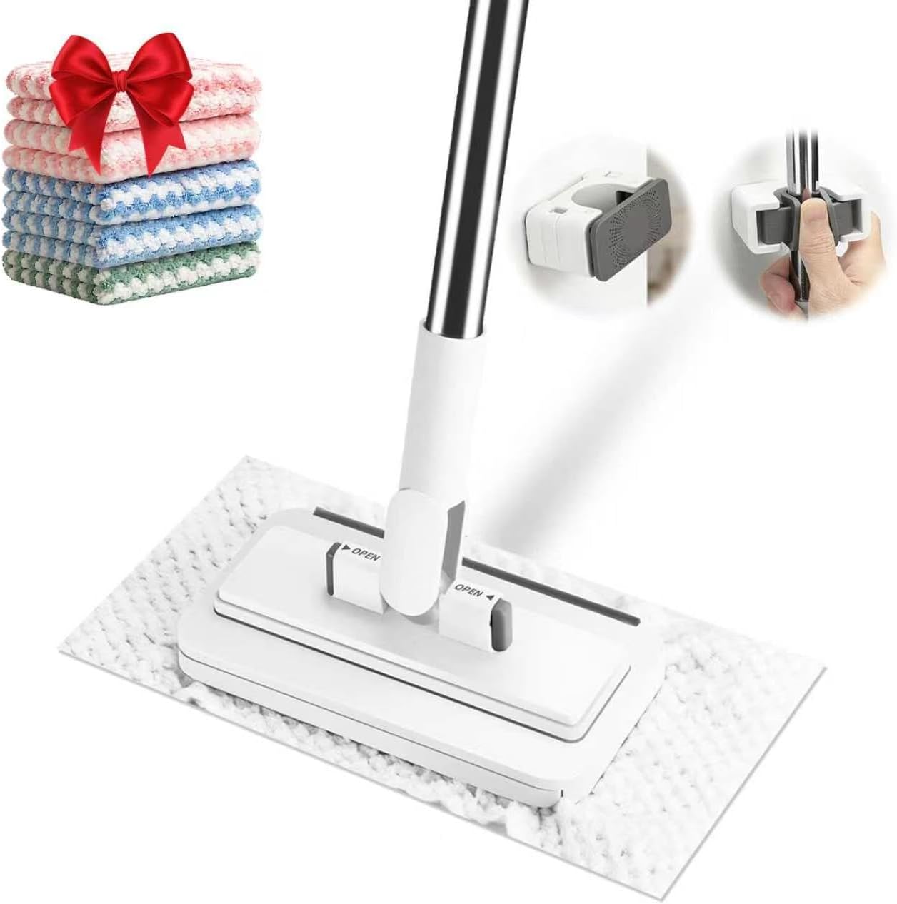 Snap Grip Mini Mop with 5 Reusable Cloths, 50 Inch Adjustable Lazy Mop, Hands Free Cloth Changing Flat Mops with Wall Hook for Wet Dry Floor Wall Bathroom Kitchen Corner Cleaning